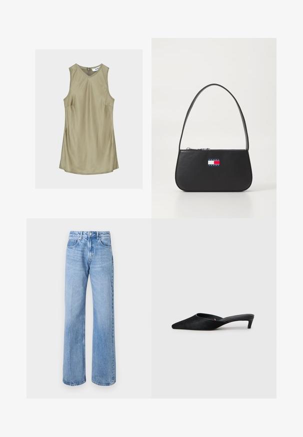 Ærmeløs olivengrøn V-hals kjole med synlige syninger og lynlåslukning bag på nakken, label indeni med teksten "DAY."; Lyseblå, vid denimjeans med høj talje, fem lomme-design og diskret falmning. Sølvknap og lynlås lukning.; Sorte suedeslippers med spids tå og lav hæl. Har en glat tekstur og åben ryg for nem påklædning. Simpelt design uden mønstre.; Sorte læderhandtaske med en buet form, kort hank og lynlåslukning. Har et multicolor logo patch på forsiden.