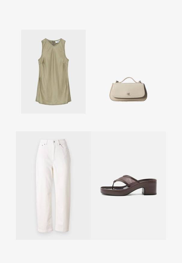 Robe sans manches vert olive à col en V avec coutures visibles et fermeture éclair au dos du cou, étiquette à l'intérieur indiquant "DAY."; Jean en denim blanc avec une coupe droite, taille haute, fermeture éclair et bouton métallique. Comprend cinq poches et une couture discrète.; Sandale marron à talon avec lanière en mesh et design en tige, dotée d'un talon bloc et d'une semelle cousue, présentée de profil sur fond blanc.; Petit sac à main en cuir beige avec poignée supérieure et logo CK argenté sur le rabat avant, présenté sur fond blanc.