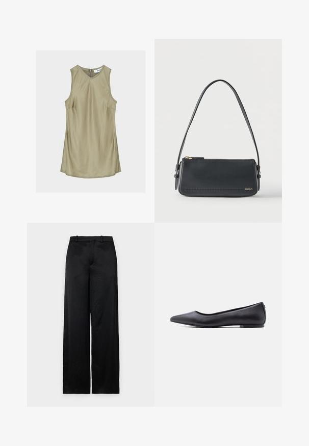 Robe sans manches vert olive à col en V avec coutures visibles et fermeture éclair au dos du cou, étiquette à l'intérieur indiquant "DAY."; Pantalons larges noirs en tissu léger et texturé. Dotés d'une taille lisse avec des passants de ceinture et d'une silhouette droite et fluide.; Chaussure plate en cuir noire à bout pointu avec petit talon, vue de profil sur fond blanc.; Sac à bandoulière rectangulaire en cuir noir avec fermeture éclair dorée et petit logo "HUGO" doré sur le devant, doté d'une sangle réglable avec boucle.