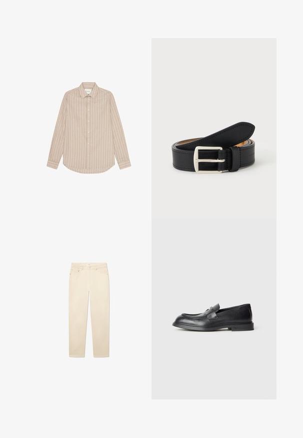 Beige Langarmhemd mit vertikalen weißen Streifen, Button-Down-Kragen und abgerundetem Saum. Verfügt über weiße Knöpfe und eine dezente Logo-Stickerei.; Weiße-beige Jeans aus Denim mit geradem Bein, fünf Taschen, einem Knopf- und Reißverschluss sowie dezenten Nähten.; Schwarze Lederloafer mit strukturierter Oberfläche, versehen mit einem dekorativen Frontriemen und einer abgerundeten Spitze. Gummisohle für Langlebigkeit.; Schwarzer Ledergürtel, zusammengerollt mit sichtbarer silberner rechteckiger Metallschnalle auf einfachem hellem Hintergrund.
