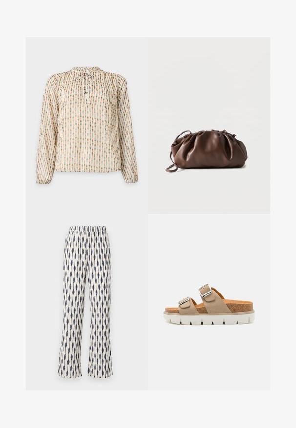 Blouse crème à manches longues avec des rayures verticales multicolores à pois et un col noué à l'avant avec de petits détails en perles dorées.; Un pantalon large en tissu crème, présentant un motif répétitif de gouttes d'eau bleu marine. La taille élastique et la texture douce accentuent le confort.; Sandales à glissière beige avec deux brides réglables, semelle intermédiaire en liège et semelle extérieure en caoutchouc blanc avec un motif texturé.; Sacoche en cuir marron doux avec un haut froncé et une fine bandoulière, posée sur un fond blanc.