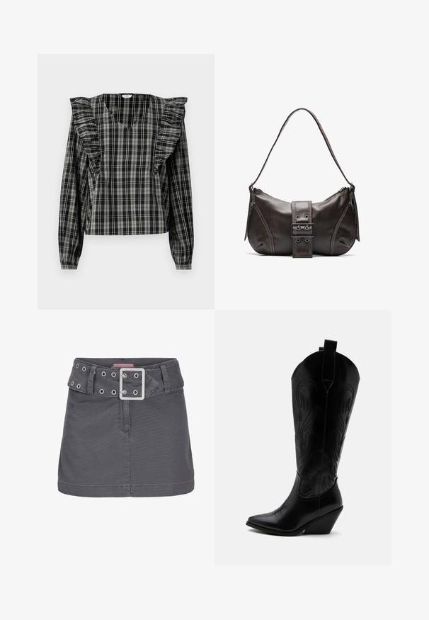 Zwart en grijs geruite blouse met ruches op de schouders, lange mouwen en een V-hals. Gemaakt van een lichtgewicht stof.; Grijze katoenen mini-jurk met een brede riem met zilveren oogjes en een vierkante metalen gesp, ontworpen met een schone, rechte silhouet.; Zwarte leren cowboylaars met puntige neus, schuine blokhak, decoratieve stiksels en aantreklusjes bovenaan tegen een witte achtergrond.; Bruine leren schoudertas met een gebogen vorm, voorzien van een opvallende gespdetail, contrasterende stiksels en een enkele schouderband.