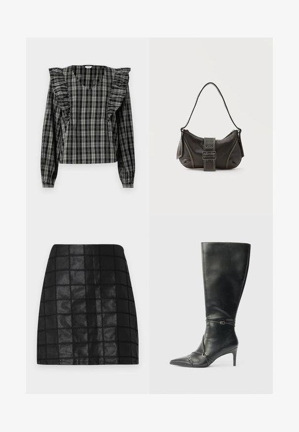 Blusa a cuadros en negro y gris con acentos de volantes en los hombros, mangas largas y escote en V. Fabricada en una tela ligera.; Minifalda de cuero negro con un patrón de cuadrícula texturizado, presenta costuras elevadas y una silueta ajustada. El acabado liso realza el diseño.; Botas negras de cuero hasta la rodilla con tacón delgado, punta afilada y detalles de diseño con correas en el tobillo. Textura suave y diseño ajustado.; Bolso de hombro de cuero negro con detalle de correa con hebilla, bordes curvos y costuras blancas en contraste sobre un fondo liso.