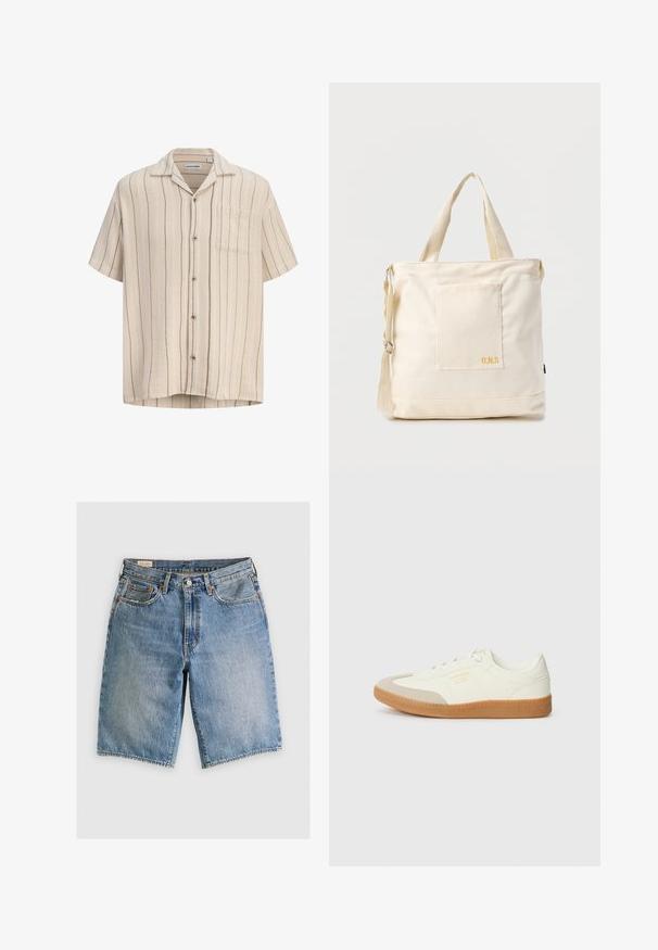 Beige kortærmet skjorte med lodrette mørke og lyse striber, knaplukning foran, krave og brystlomme.; Lyseblå denimshorts med klassisk snit. Har fem lommer, orange stikninger og rå skærmkanter.; Sneaker lavet af hvid læder med en beige tåhætte og let brunt gummisål. Har flade hvide snørebånd og prægede branding på siden.; Kremfarvet lærredstote-taske med frontlomme, to håndtag, justerbar skulderrem og lille gul "O.N.S" tekst i nederste højre hjørne af lommen.