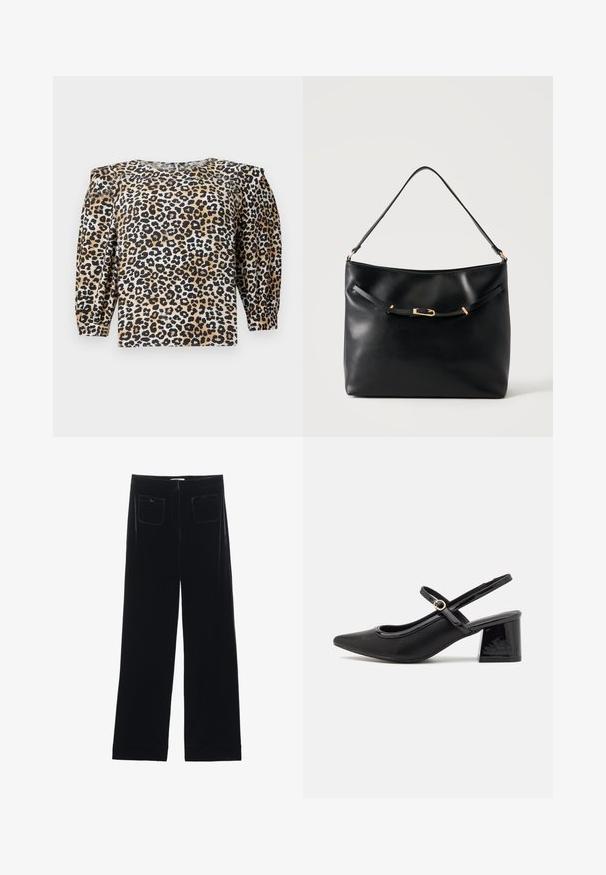 TOM TAILOR DENIM WITH SLEEVE DETAIL - Blouse - multi coloured; Zwarte fluwelen wijde broek met twee achterzakken en een gladde textuur, met een rechte snit en afgewerkte zoom bij de enkels.; Zwarte gepolijste leren slingback hakken met een spitse neus, een ronde uitsnede en een blokhak. Voorzien van een gouden gespaccent.; Zwarte leren schoudertas met een enkele band en een klein gouden gespsdetail aan de voorkant tegen een effen lichte achtergrond.