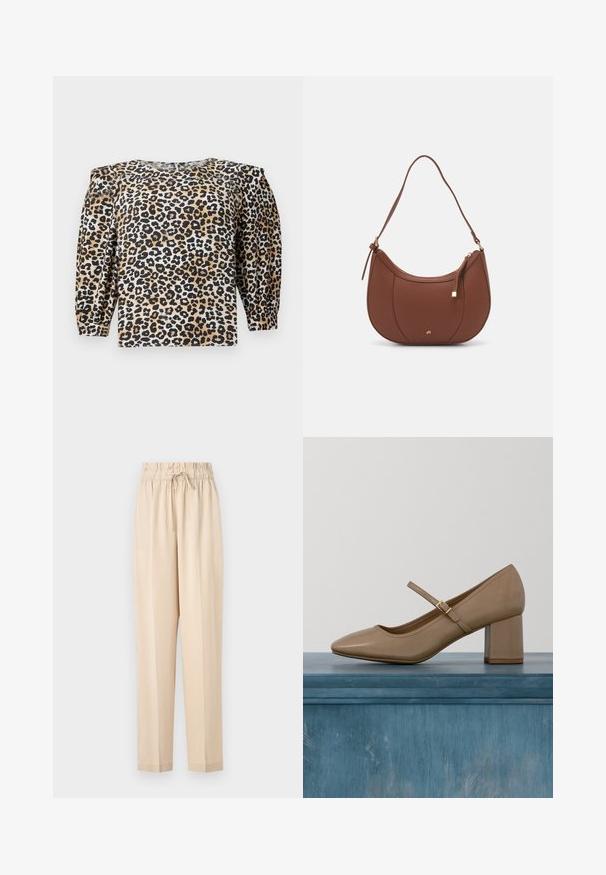 TOM TAILOR DENIM WITH SLEEVE DETAIL - Bluse - multi coloured; Beige, lette bukser med elastisk talje, snøre detaljer og lige ben. Glat tekstur, minimalisk stil.; Beige læderpumpe med blokhæl, rundet tå og en dekorativ strop med en gylden spænde. Glat tekstur, minimalistisk design.; Brun faux læder skuldertaske med buet form, minimal syning og en guldtonet hardwaredetalje. Har en top lynlåslukning og justerbar rem.