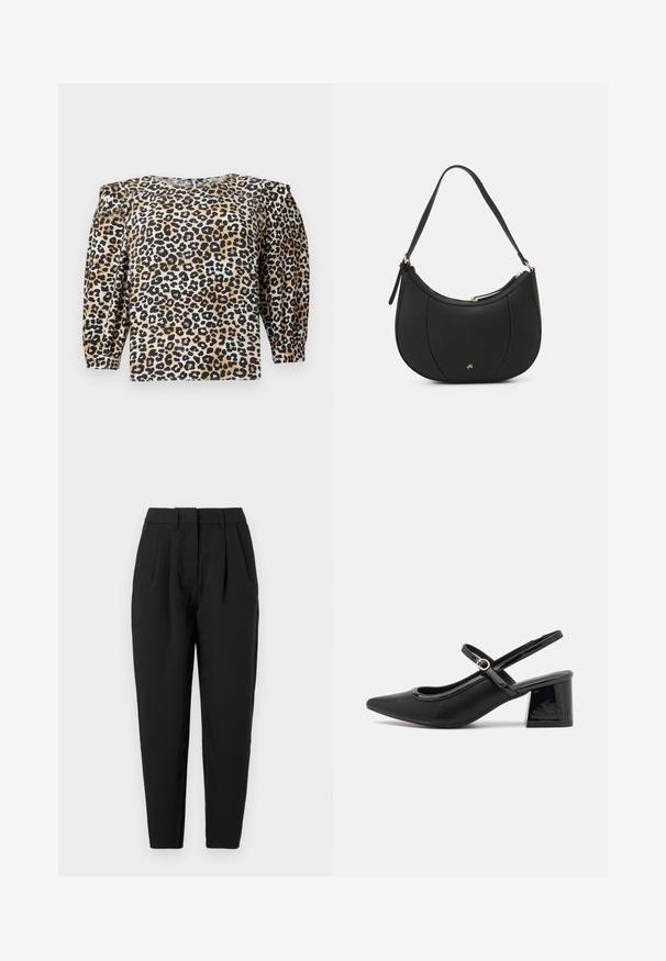 TOM TAILOR DENIM WITH SLEEVE DETAIL - Blusa - multi coloured; Pantalones negros de corte recto, con pliegues en la parte delantera, textura suave y bolsillos laterales. La cinturilla es de altura estándar.; Tacones slingback de charol negro con punta afilada, un diseño de corte redondeado y tacón bloque. Incluye un detalle de hebilla en tono dorado.; Bolso de mano de cuero negro con forma curva, superficie texturizada, costuras frontales y un logo en tono dorado. Cuenta con una sola correa ajustable.