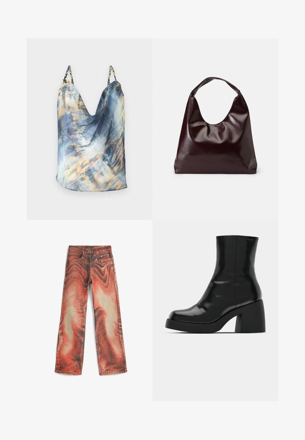 Ærmeløs top i blå med et abstrakt mønster, der har gyldne og lyseblå akcenter; draperet design, blødt stof, flettede stropper.; Denim jeans med et dristigt rødt og beige swirl-mønster, bred ben-design, forlommer og traditionel knap-og lynlås lukning.; Sorte ankelstøvler med en blank finish, firkantet tå og en tyk blokhæl. Designet har en strømlinet silhuet og minimal branding.; Bordeaux, skinnende vegansk læder tote taske med en blød, skulpturel form og et bredt, buet håndtag for nem bæring.