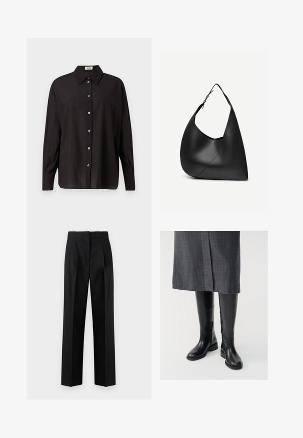 Sort skjorte med knaplukning, klassisk krave, lange ærmer og en afslappet pasform. Har glansfulde knapper langs fronten. Glat, letvægtsstof.; Sorte trousers lavet af vævet stof, med et skræddersyet design med plisseringer, lige ben og flad front. Holdbar og glat tekstur.; Knæhøje sorte læderstøvler med en glat tekstur, lynlåse i siden og en flad sål. Støvlerne har et struktureret skaft og minimalt hardware.; Sort læder skuldertaske med buet trekantet form, enkelt justerbart rem og synlig diagonal søm foran.