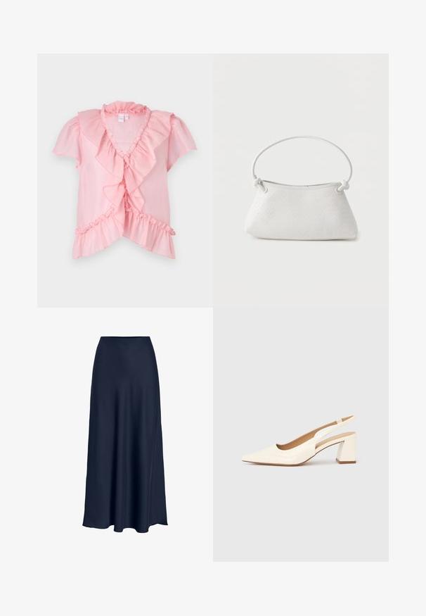 Blouse légère rose avec des manches courtes à volants, un décolleté en V, et des volants superposés le long de l'avant et de l'ourlet. Texture douce.; Jupe maxi en satin bleu marine avec une texture lisse, taille haute et silhouette fluide. Se termine par une légère courbe à l'ourlet.; Escarpin slingback en cuir verni crème brillant, avec un bout pointu et un talon carré épais pour la stabilité. Design minimaliste, sans ornements.; Sac à main en cuir tressé blanc avec poignée arrondie et extrémités de lanière nouées, présenté sur un fond uni.