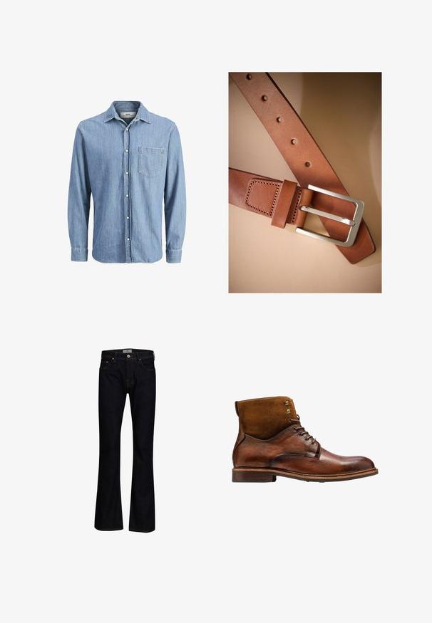 Lichtblauwe denim overhemd met een button-down kraag, lange mouwen, een borstzak en een geborduurd logo op de zak.; Donkerblauwe flare jeans van denim met een gladde textuur. Beschikt over vijf zakken, messing hardware en contrasterende stiksels.; Kazar ALID - Veterboots - brown; Bruine leren riem met zilverkleurige rechthoekige gesp, voorzien van meerdere verstelgaten en een gestikte leren lus. Glad oppervlak.