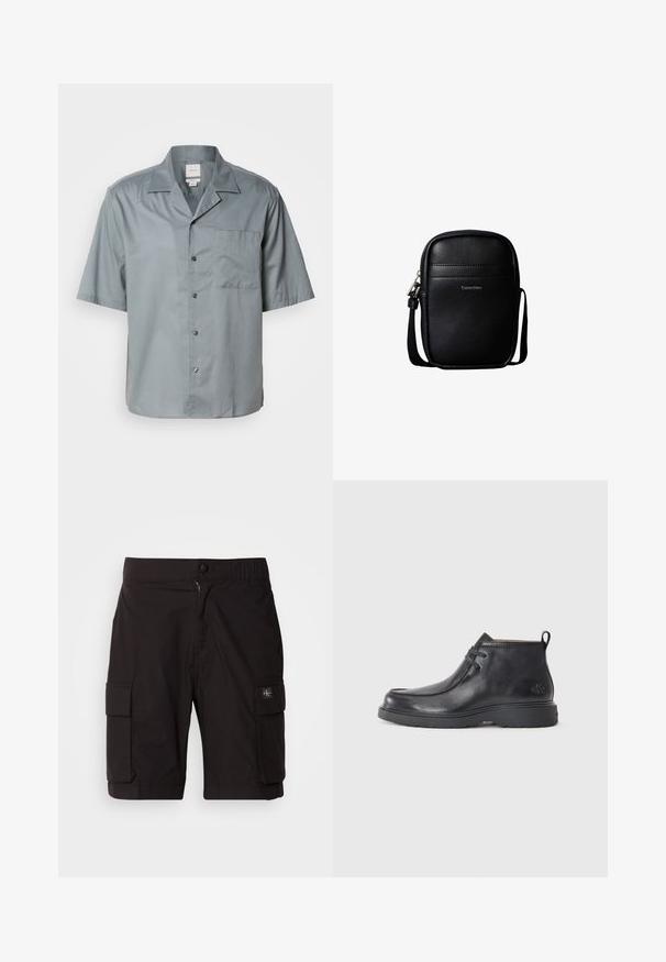 Kortærmet skjorte med knapper i lys grå stof med en glat tekstur, der har en brystlomme og en klassisk krave.; Svarte cargo-shorts lavet af letvægtsstof. Har knap- og lynlåslukning, to sidelommer til cargo og syningdetaljer.; Sorte læder ankelstøvler med rund tå, snørelukning og en løkke bagpå. Tekstureret overdel og gummisål.; Sort tekstureret læder kompakt crossbody taske med syninger foran og "Calvin Klein" logo, der har en justerbar skulderrem.