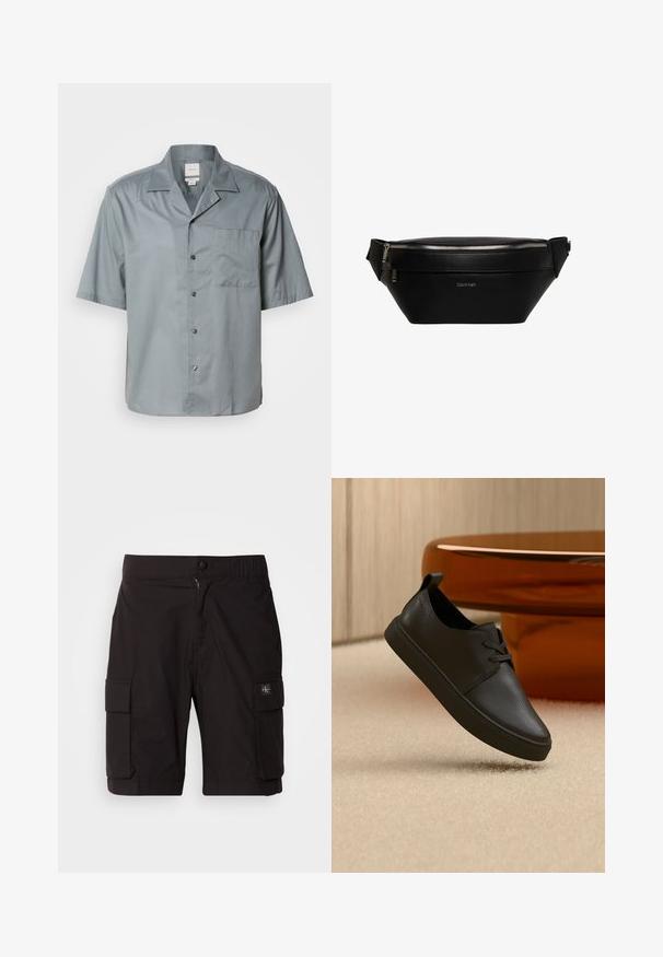 Camisa de botones de manga corta en tejido gris claro con una textura suave, que presenta un bolsillo en el pecho y un diseño de cuello clásico.; Pantalones cortos de cargo negros confeccionados con tejido ligero. Cuenta con cierre de botón y cremallera, dos bolsillos laterales de cargo y detalles de costura.; Zapatilla casual negra de cuero con cordones, flotando sobre una alfombra beige, con una mesa de cristal ámbar redondeada en el fondo.; Riñonera de cuero negro Calvin Klein con cremallera plateada y correa ajustable, logo minimalista en el centro del frente.
