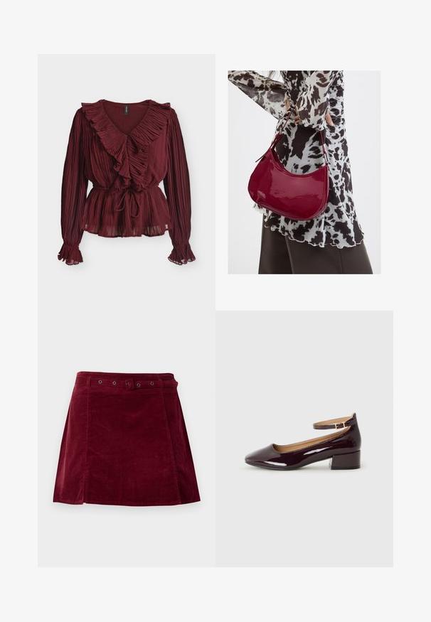 Blouse bordeaux à manches longues en tissu plissé, encolure en V avec volants, taille cintrée avec lien et poignets volantés sur fond blanc.; Jupe en velours côtelé rouge foncé avec une ceinture assortie et des œillets métalliques, présentant une légère forme trapèze et un détail sur le panneau avant.; Chaussure à talon bordeaux brillant avec un bout arrondi et une sangle à la cheville, posée sur un fond uni.; Femme portant un chemisier à motif noir et blanc tenant un sac à main rouge brillant sur un fond uni.