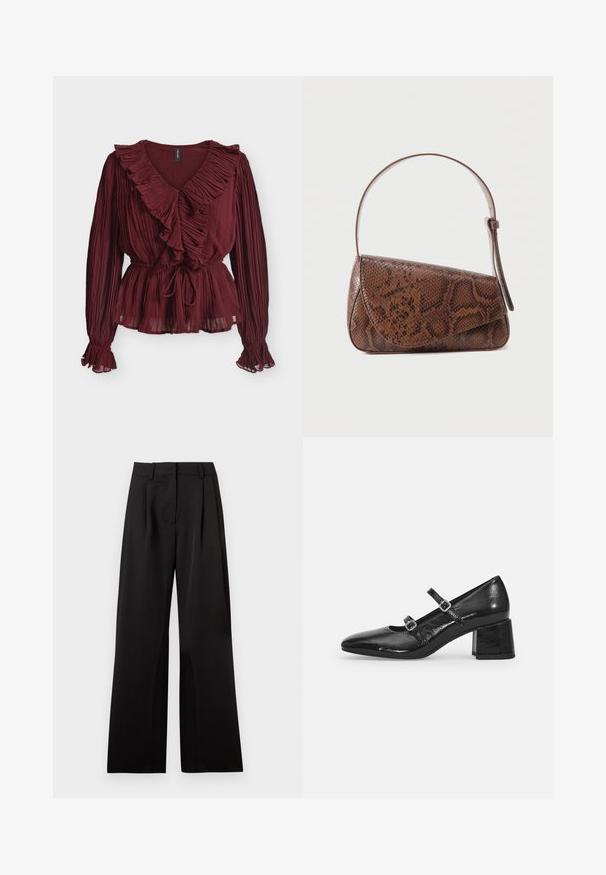 Blusa burdeos de manga larga con tela plisada, escote en V con volantes, cintura fruncida con lazo y puños con volantes sobre fondo blanco.; Pantalones de pierna ancha en negro, con una textura suave, que presentan pliegues frontales, una cinturilla plana y presillas para cinturón. Diseño simple y ajustado.; Zapatos Mary Jane de charol negro con punta afilada, dos correas ajustables y tacón cuadrado grueso. Textura suave y acabado brillante.; Bolso de hombro de cuero con patrón de piel de serpiente marrón, con cierre de solapa y una única correa ajustable sobre un fondo liso.