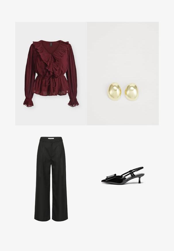Blouse bordeaux à manches longues en tissu plissé, encolure en V avec volants, taille cintrée avec lien et poignets volantés sur fond blanc.; Pantalon noir à jambes larges avec une coupe ajustée, doté d'une taille haute, de plis à l'avant et d'une texture de tissu lisse. Convient pour une tenue formelle.; Talons aiguilles en cuir verni noir avec un bout pointu, un détail en nœud à l'avant et un petit talon stiletto. Les brides sont équipées de boucles ajustables.; Boucles d'oreilles en métal doré avec une forme lisse et arrondie et une finition polie. Design simple sans embellissements supplémentaires.