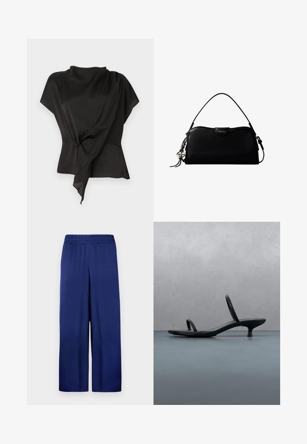 Blusa negra de tela suave, con un diseño drapeado y un detalle anudado en la cintura, y con mangas cortas.; Pantalones de pierna ancha en azul marino con una cintura elástica, fabricados en tela suave, que presentan un diseño simple y funcional sin patrones visibles.; Sandalia de tacón negra Calvin Klein con tiras finas, equilibrada sobre baldosas de madera al aire libre cerca de una pared y vegetación.; Bolso rectangular negro de Calvin Klein con una única correa superior, dije con el logo plateado y un pequeño cierre de solapa en la parte frontal.