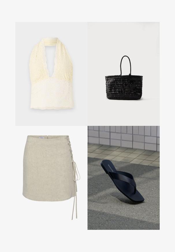Blonde blondette-top i lys gul med en dyb V-udskæring, prydet med blomstertryk, tekstureret blonde og bølget kant. Blødt, strækbart stof.; Beige linnedraperet nederdel med en snørredetalje på venstre side, lige snit og lynlås i ryggen. Glat, tekstureret stof.; Sort tanga-sandal med firkantet tå og mærkenavn på fodseng, placeret opret på tekstureret fortov nær flisebeklædt væg.; Sort vævet lædertaske med to afrundede håndtag, stående oprejst på en ensfarvet hvid baggrund.