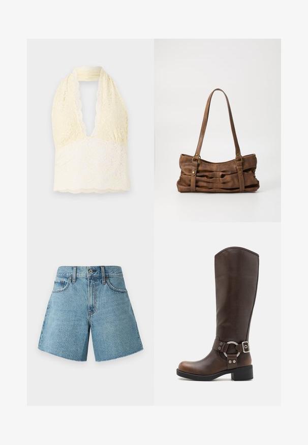 Blonde blondette-top i lys gul med en dyb V-udskæring, prydet med blomstertryk, tekstureret blonde og bølget kant. Blødt, strækbart stof.; Denim shorts i lys blå, med høj talje, fem lommer og rå kant. Fremstillet af tekstureret bomuldsstof med et klassisk design.; Brune læderknæhøje støvler med en rund metalhardwaredetalje og spænde. Let struktureret overdel, stablet hæl og rund tå-design.; Even&Odd by Zalando Håndtasker - brown