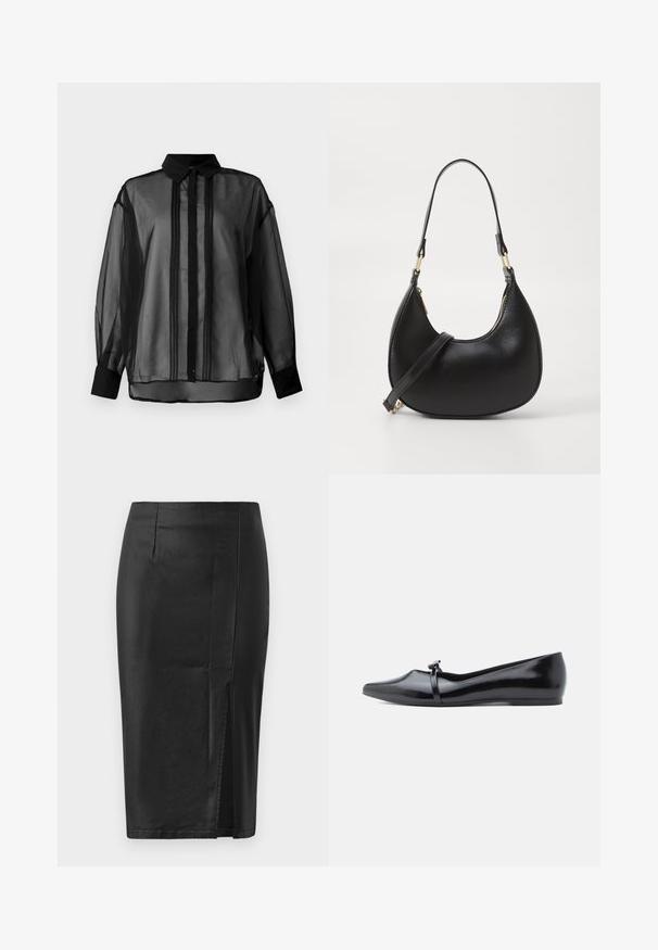 Zwarte transparante blouse met lange mouwen en een klassieke kraag, voorzien van verticale strepen en effen zwarte manchetten. Lichtgewicht, doorschijnende stof.; Zwarte kokerrok met een gladde, strakke textuur, voorzien van een zijsplit en getailleerde naden, ontworpen voor een nauwsluitende silhouet.; Zwarte lakleren balletflat met een spitse neus, decoratieve riem en een gladde textuur. Minimalistisch ontwerp zonder zichtbare accenten.; Zwarte leren handtas met een gebogen vorm, uitgerust met een bovenste ritsluiting, een kort handvat en een afneembare schouderband. Gouden hardware accenten.