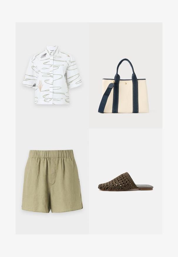 Kortærmet hvid skjorte med botanisk print i grøn og fersken, med en opretstående krave og lige snit.; Lysgrønne linnedshorts med elastisk talje, sidelommer og afslappet pasform. Har et glat, let struktureret stof.; Brun vævet slip-on mule med flad sål og lukket rundet tå på hvid baggrund.; Beige rektangulær shopper-taske med mørkeblå håndtag, lodrette stropper og en justerbar skulderrem mod en ensfarvet baggrund.
