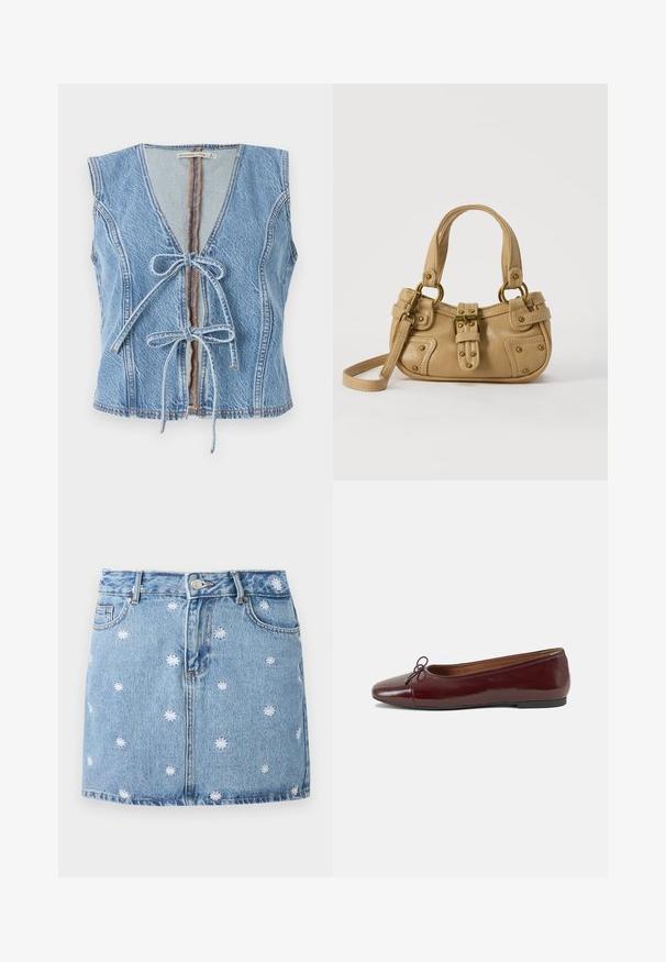 Blå denimvest med dyb V-udskæring, frontlukning med bånd og ærmeløs design. Har synlig syning og rå kant.; Lys blå denimskørt med hvide broderede blomsterdesigns, fem lommer og knaplukning foran, med en lige, mini-længde.; Bordeaux patentlæder balletflad med rund tå, lille sløjfeaccent foran og en lav, sort gummisål. Glat tekstur.; Beige læderhåndtaske med dobbelte håndtag, messing spænde og nitte detaljer samt en justerbar skulderrem mod en hvid baggrund.