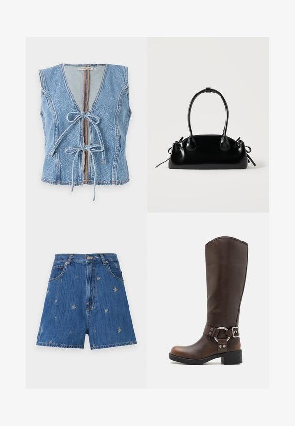 Blå denimvest med dyb V-udskæring, frontlukning med bånd og ærmeløs design. Har synlig syning og rå kant.; Denimshorts i mellemblå med broderede blomster- og sommerfuglemønstre. Har klassisk fem-lomme-design og en knaplukning.; Brune læderknæhøje støvler med en rund metalhardwaredetalje og spænde. Let struktureret overdel, stablet hæl og rund tå-design.; Lille sort blank håndtaske med to lange håndtag og snøre-detaljer i siden på en ensfarvet lys baggrund.