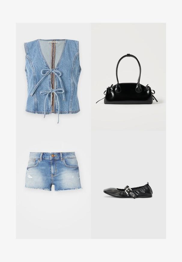 Blaues Denim-Weste mit tiefem V-Ausschnitt, Frontbindung und ärmellosem Design. Mit sichtbaren Nähten und einem rohen Saum.; Jeans-Shorts in Hellblau mit einem ausgefransten Finish, fransigem Saum, Fünf-Taschen-Design und einem einzelnen Knopfverschluss auf der Vorderseite.; Schwarze Leder-Ballerinas mit spitzem Zehenbereich, gerafften Details am Schaft und einem silbernen Schnallenakzent am verstellbaren Riemen.; Kleine schwarze glänzende Handtasche mit zwei langen Griffen und seitlichen Kordelzug-Details vor einfachem hellem Hintergrund.