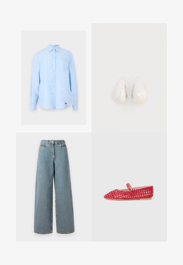 Hele sinine pikaveeline kraega särg, valmistatud tekstuurse kangaga, alumise ääre lähedal väike must logo.; Kõrge vöökohaga helesinised laiad denim püksid, millel on esi lukk, nööbikinnitus ja ees taskud.; Punane kootud madal jalanõu terava varbaosaga ja reguleeritava Mary Jane rihmaga, esitatud ühevärvsel helehallil taustal.; Hõbeda metallist tilgakujulised ripatsid, millel on sile ja peegeldav pind, ning tilga kuju, millel on pidev disain ja ei ole nähtavaid kaunistusi.