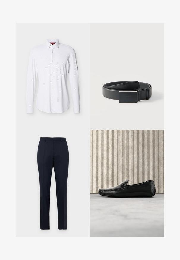Chemise blanche à manches longues avec motif de petits points noirs et col pointu, présentée sur un fond clair uni.; Pantalons de costume pour hommes bleu marine sur mesure avec un motif à carreaux subtil, passants de ceinture et pli avant, présentés de face sur fond blanc.; Mocassins en cuir noir avec une finition brillante, bout rond et quincaillerie décorative à l'avant. Semelle en caoutchouc à profil bas. Texture lisse.; Ceinture en cuir noir enroulée avec une boucle noire mate rectangulaire et un logo embossé discret sur fond blanc.