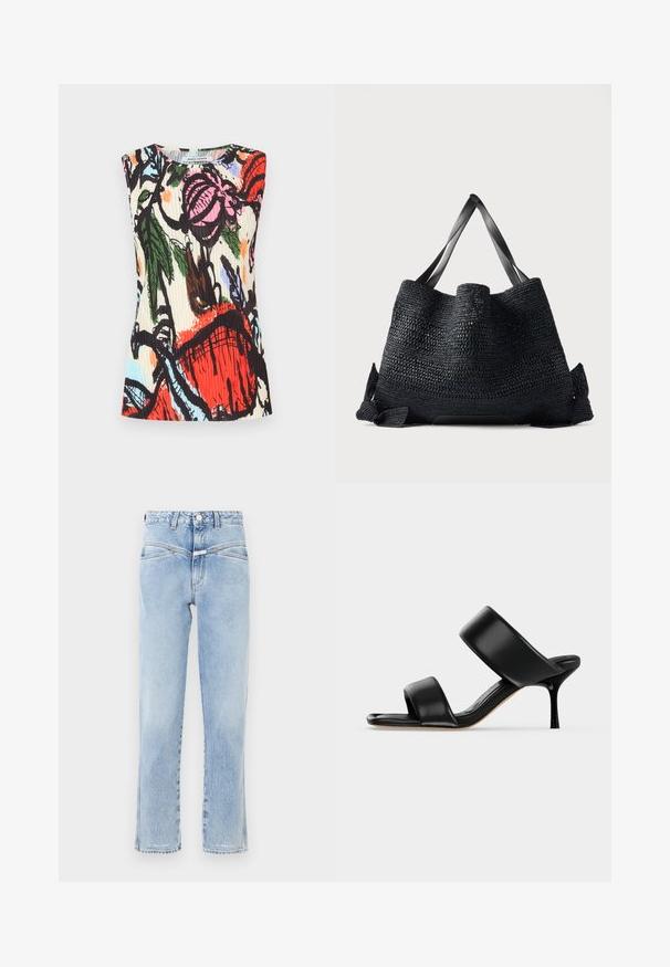 Haut sans manches avec une texture plissée, présentant un imprimé floral coloré en rose, rouge, vert et bleu sur fond crème.; Jean en denim bleu clair avec taille haute et coupe droite. Présente un léger délavage, un design standard à cinq poches, et une fermeture à bouton en métal.; Sandale mule en cuir noir avec deux larges brides et un talon stiletto fin de hauteur moyenne sur un fond clair uni.; Grand sac fourre-tout noir tissé avec des poignées larges et plates et un dessus ouvert, présenté sur un fond clair uni.