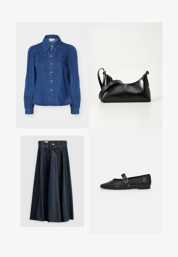 Chemise en denim avec un col structuré, des manches ballons longues et une fermeture à boutons sur le devant. Tissu bleu foncé avec une texture subtile et une taille cintrée.; Levi's® XL SKIRT - Jupe en jean - square circle; Chaussure plate en cuir noir avec un bout arrondi, une seule sangle réglable à boucle et une texture lisse et brillante. Design minimaliste avec un petit talon.; Sac à main en cuir noir avec une texture lisse. Dispose d'une bandoulière adjustable et d'un design élégant et minimaliste avec une fermeture éclair.