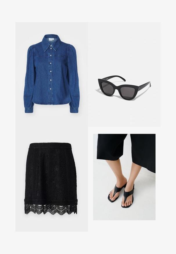 Denimhemd mit strukturiertem Kragen, langen Puffärmel und Knopfleiste. Dunkelblaue Stoff mit subtiler Textur und tailliertem Schnitt.; Schwarzer Spitzen-Minirock mit komplexen Blumenmustern, gewelltem Saum und einer strukturierten Oberfläche für zusätzliche Details. Elastischer Taillenbund inklusive.; Füße, die schwarze Sandalen mit quadratischer Spitze und breiten Riemen tragen, kombiniert mit kurzen schwarzen Hosen auf einem hellen Boden.; Schwarze Cat-Eye-Sonnenbrille mit matter Oberfläche, grauen getönten Gläsern, scharfen Kanten und schlanken Bügeln. Der Markenname ist auf dem inneren Bügel sichtbar.