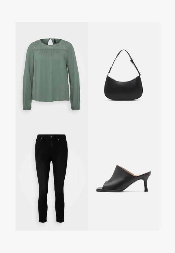 Langærmet grøn bluse med en blondeindsats ved halsudskæringen, sammensyning og knaplukning på ryggen. Blød, glat stofstruktur.; ONLY Petite ONLPOWER MID PUSH UP - Jeans Skinny Fit - washed black; Selected ASHLEY - Mules med hæl - black; Pieces PCALUANA SHOULDER BAG - Håndtasker - black