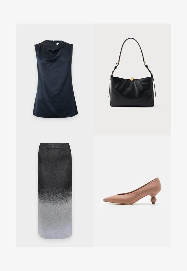 Ærmeløs sort satin top med draperet halsudskæring og lynlåslukning bagpå, vist på en ensfarvet hvid baggrund.; Metallic nederdel med et ombre-design, der går fra sort øverst til sølv nederst, og som har en glat tekstur og en strømlinet form.; Weekend Max Mara RENZA - Pumps - nudo; Sort læderhåndtaske med et blødt, rynket design. Har en rundet lukning i guldhardware og en enkelt slank skulderrem.