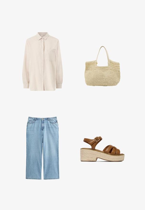 Camisa beige de manga larga con botones, cuello y bolsillo en el pecho, mostrada sobre fondo blanco.; Culottes de mezclilla azul claro con cintura alta, piernas anchas y diseño de cinco bolsillos, con costuras en contraste y cierre de botón.; Sandalia marrón de cuero con puntera abierta, correa ajustable en el tobillo y tacón de plataforma tejido, mostrada de lado sobre fondo blanco.; Bolso tote tejido de paja color beige con apertura superior y dos asas de color claro.