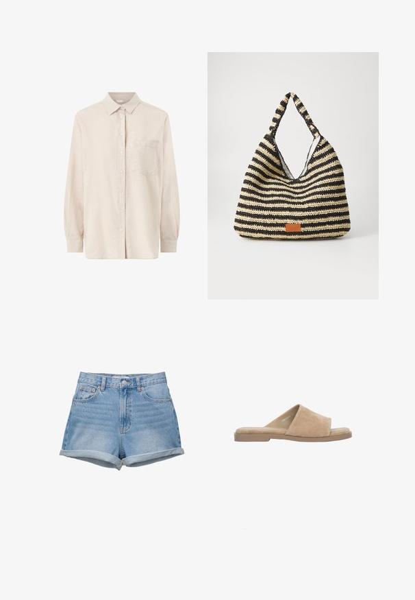 Beiges Langarmhemd mit Knöpfen, Kragen und Brusttasche, auf weißem Hintergrund dargestellt.; Jeans Shorts in hellem Blauton, hochgeschlossen mit Knopfverschluss, fünf Taschen und umgeschlagenen Säumen. Glatte Textur, klassisches Design.; Beige Wildleder offene Zehen flache Pantoffel mit breitem Riemen und gepolsterter Innensohle, auf weißem Hintergrund dargestellt.; Gestreifte, gewebte Tasche in Schwarz und Beige mit einem lässigen Design, strukturierten Oberflächen und einem kleinen Lederakzent.