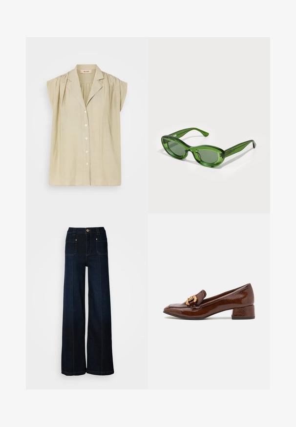 Blouse beige clair avec des manches courtes bouffantes, fermeture à boutons sur le devant et un col léger. Fabriquée en tissu doux et léger.; Jean en denim à jambes larges de couleur bleu foncé. Dispose de poches avant, de quincaillerie dorée et de coutures contrastées. Texture lisse avec un design décontracté.; Mocassins en cuir marron avec une finition brillante, dotés d'une boucle décorative en or à l'avant et d'un talon bas. Design classique.; Lunettes de soleil en plastique vert avec une forme ovale, des montures épaisses et des verres vert foncé. Elles sont dotées de branches fines et transparentes avec un branding subtil.