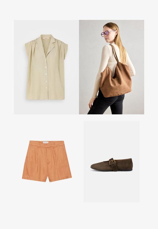 Blouse beige clair avec des manches courtes bouffantes, fermeture à boutons sur le devant et un col léger. Fabriquée en tissu doux et léger.; Shorts plissés orange en tissu lisse, avec une fermeture éclair à l'avant, des passants de ceinture et des poches latérales. L'étiquette indique "ANNA FIELD."; Chaussure plate en daim marron avec une large bride et une boucle dorée, bout arrondi et semelle noire basse, vue de profil sur fond blanc.; Sac fourre-tout en daim marron avec une texture douce, grande ouverture et longues sangles. Présente un design simple avec des coutures visibles et sans matériel.
