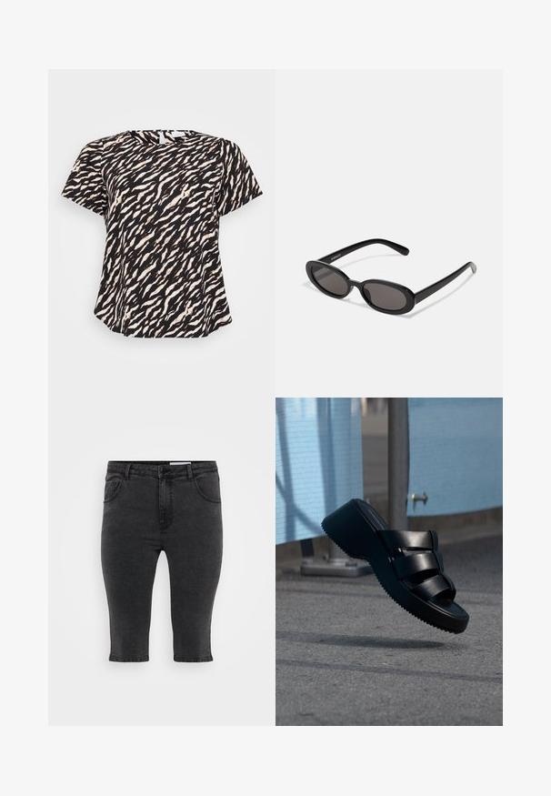 Sort og hvid kortærmet top med et bølgende tigerstribemønster. Blødt stof med en afslappet pasform og rund halsudskæring.; Sorte denim capri-bukser med lige skæring, fem lommer og tonalt syning. Stoffet har en let tekstur og et klassisk design.; Sort platformsandal med tre brede stropper, der svæver over gråt fortov nær blå stofpaneler.; Even&Odd Solbriller - black