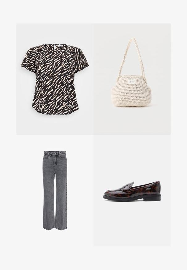 Sort og hvid kortærmet top med et bølgende tigerstribemønster. Blødt stof med en afslappet pasform og rund halsudskæring.; Grå denimjeans i høj talje og med lige ben, med frontknap, lynlåslukning og klassisk design med fem lommer.; Brune fake læder loafers i skildpaddemønster med en flad sort sål, pyntet med en dekorativ rem og en glat, blank finish.; Lille off-white hæklet skuldertaske med enkelt håndtag og et rektangulært LeGer mærke foran.