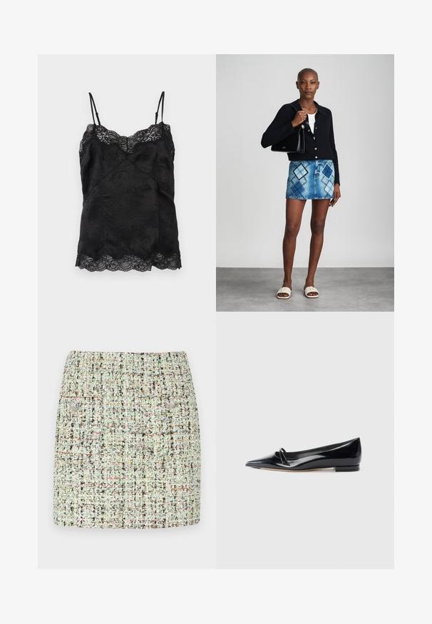 Sort satin cami med tynde justerbare stropper, blomsterjacquardmønster og blonder langs halsudskæringen og kanten.; Kort tweed nederdel i lysegrøn, fremstillet af et struktureret stof med flerfarvede fnug, to forlommer og sølvknap detaljer.; Sorte patentlæder flade sko med spids tå, lille dekorativ rem og lav blokhæl. Glat tekstur og strømlinet design.; Sort striktrøje, hvid top, denimnederdel med blå og sort diamantmønster, sort håndtaske og beige slidesandaler.