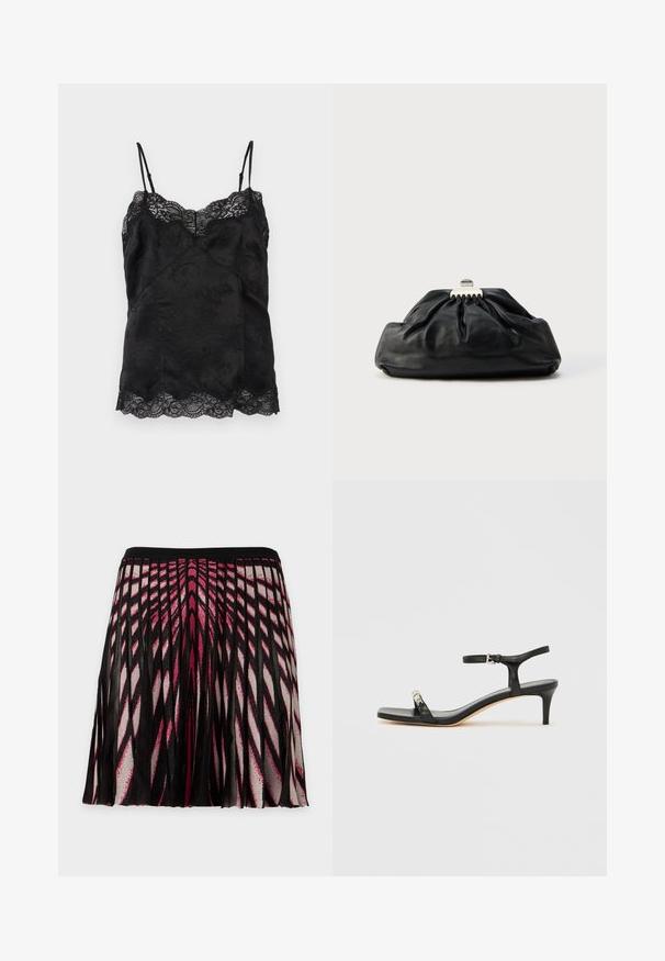 Camisole noire en satin avec fines bretelles ajustables, motif jacquard floral et bordure en dentelle le long de l'encolure et de l'ourlet.; Jupe plissée noire avec des motifs géométriques roses et blancs audacieux créant un effet de rayon de soleil, avec une ceinture noire.; Sandale noire en cuir à talon avec bride à la cheville, bout ouvert, devant carré et accent en métal argenté. Design ajusté avec un profil élégant.; Pochette en cuir noir avec une texture plissée, fermeture à fermoir métallique, et logo embossé discret sur le devant. Forme arrondie.