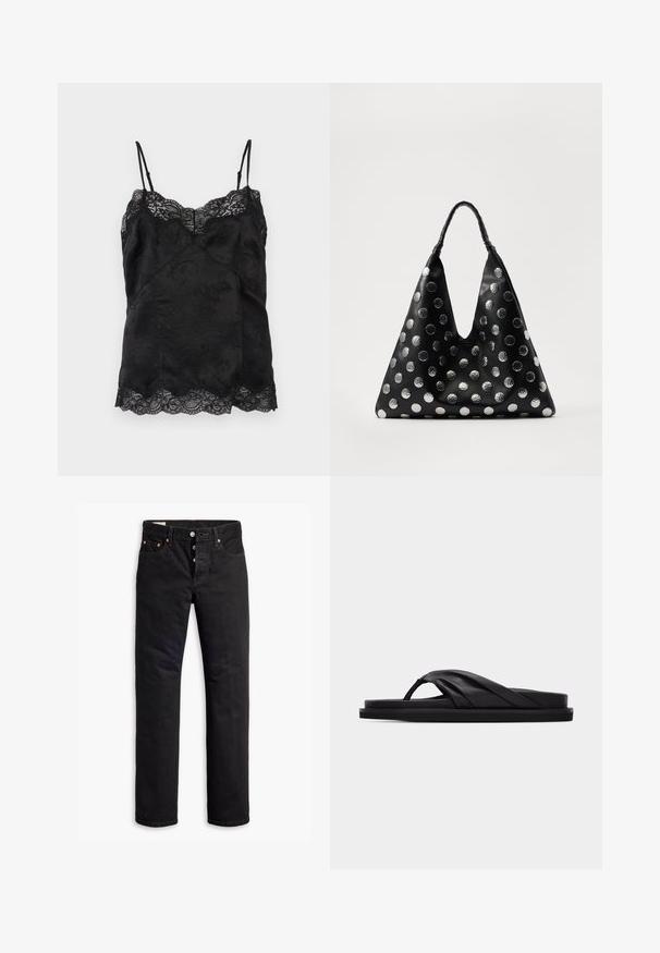 Schwarzes Satin-Camisole mit dünnen verstellbaren Trägern, floralem Jacquardmuster und Spitzenbesatz entlang des Ausschnitts und Saums.; Schwarze Denim-Jeans mit geradem Schnitt, Fünf-Taschen-Design und Knopfverschluss. Mit Kupfennieten und Nähtelementen.; Schwarze flache Sandale mit gepolsterter Kreuzriemen und Zehensteg, minimalistisches Design vor schlichtem hellgrauen Hintergrund.; Schwarze Ledertasche mit dreieckiger Form, ausgestattet mit silbernen metallischen Punkten und einem strukturierten Griff. Insgesamt glatte Oberfläche.