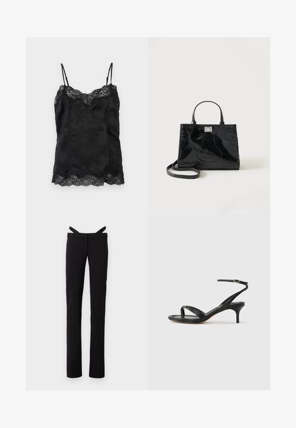 Schwarzes Satin-Camisole mit dünnen verstellbaren Trägern, floralem Jacquardmuster und Spitzenbesatz entlang des Ausschnitts und Saums.; Schwarze gerade geschnittene Hose mit slim Fit und glitzernden schwarzen Hosenträgern, die an dem Bund befestigt sind, vor einem weißen Hintergrund.; Schwarze Ledersandale für Damen mit dünnen Riemchen, einer Zehenlasche, einer Knöchelschnalle und einem mittelhohen Stöckelabsatz vor neutralem Hintergrund.; Schwarze Handtasche aus Lackleder mit abgerundeten Griffen, abnehmbarem Schulterriemen und silberner Verschlussklammer auf einfachem weißem Hintergrund.