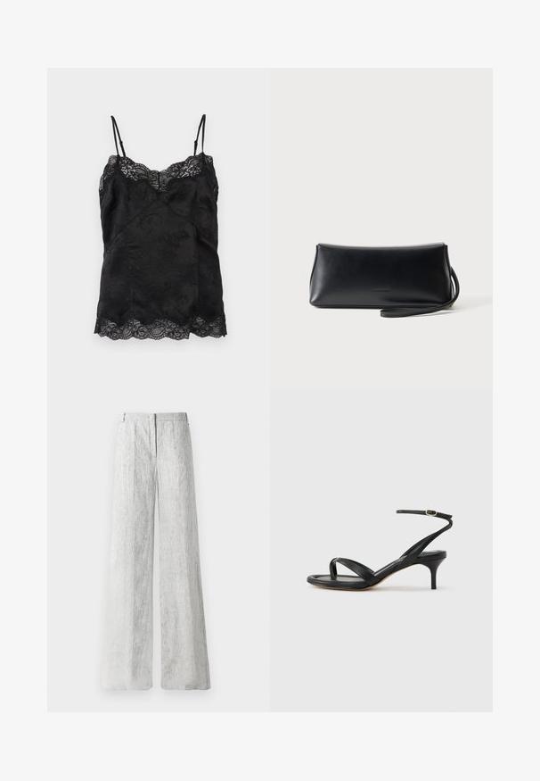 Schwarzes Satin-Camisole mit dünnen verstellbaren Trägern, floralem Jacquardmuster und Spitzenbesatz entlang des Ausschnitts und Saums.; Helle graue, weit geschnittene Hose aus einem strukturierten Stoff mit dezenten vertikalen Streifen. Mit einem Reißverschluss vorne und Gürtelschlaufen.; Schwarze Ledersandale für Damen mit dünnen Riemchen, einer Zehenlasche, einer Knöchelschnalle und einem mittelhohen Stöckelabsatz vor neutralem Hintergrund.; Schwarze, glatte Leder-Clutch mit schmalem Handgelenksriemen, rechteckiger Form und dezentem, geprägtem Logo mittig auf der Vorderseite.