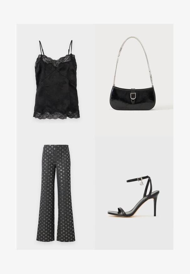 Schwarzes Satin-Camisole mit dünnen verstellbaren Trägern, floralem Jacquardmuster und Spitzenbesatz entlang des Ausschnitts und Saums.; Schwarze weit geschnittene Hose mit einem Pailletten-Textur und silbernen Akzenten, die ein gemustertes Erscheinungsbild über den gesamten Stoff erzeugen.; Schwarze High-Heel-Sandale mit schmalem Knöchelriemen, quadratischer Zehenbox, glattem Leder und metallischem Schnallenakzent.; Schwarze Schultertasche aus Lackleder mit silberner Schnalle und silbernem Kettenriemen, auf hellem einfarbigen Hintergrund präsentiert.