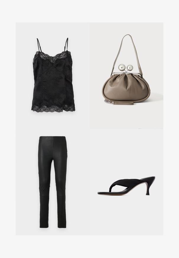 Camisole noire en satin avec fines bretelles ajustables, motif jacquard floral et bordure en dentelle le long de l'encolure et de l'ourlet.; Leggings noirs en tissu lisse et extensible. Design ajusté avec une texture douce. Présente des détails de couture au niveau des genoux.; Sandale noire à talon moyen avec bride rembourrée sur les orteils et design à lanière, talon fin et semelle lisse sur un fond clair uni.; Sac à main en cuir gris de forme arrondie, fermeture supérieure avec deux grandes sphères argentées, et une seule anse.