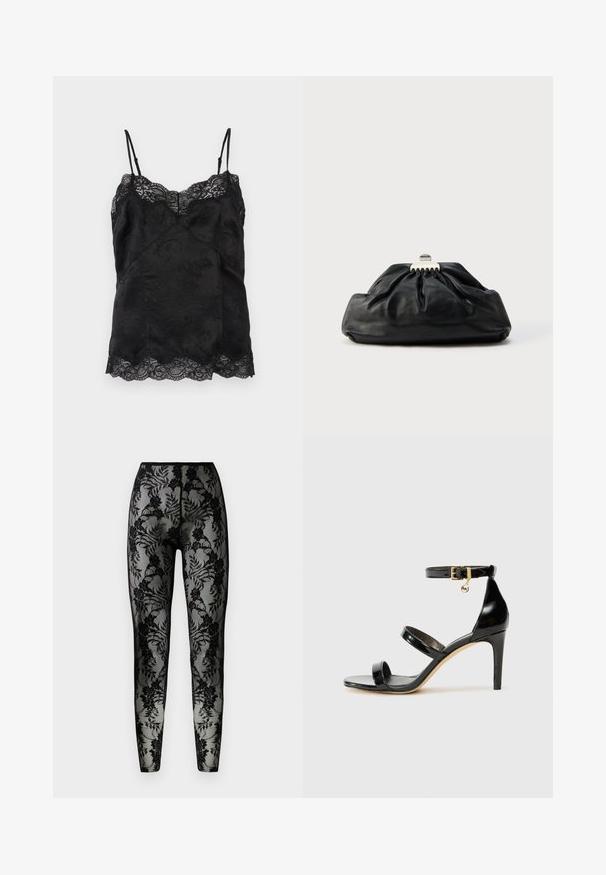 Schwarzes Satin-Camisole mit dünnen verstellbaren Trägern, floralem Jacquardmuster und Spitzenbesatz entlang des Ausschnitts und Saums.; Schwarze Spitzenleggings mit floralem Muster, transparenter Stoff und enger Passform, mit einem glatten Bund und geschlossenen Säumen.; Schwarze Lackleder-Sandale mit drei Riemen, Knöchelriemen und 10 cm hohen Stiletto-Absatz. Verfügt über goldfarbene Hardware-Details und ein Logo-Charm.; Schwarze Leder-Clutch mit geraffter Textur, Metallverschluss und dezentem, auf der Vorderseite geprägtem Logo. Abgerundete Form.