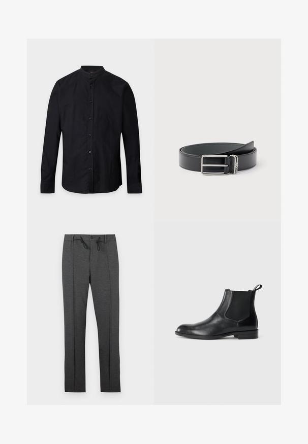 Chemise noire à manches longues avec col montant et boutons sur le devant, présentée sur un fond gris clair uni.; Pantalon gris foncé à jambes droites avec plis à l'avant, fermeture par bouton, et cordons de serrage noirs à la taille sur fond blanc.; Bottine en cuir noir avec des panneaux latéraux élastiques, bout rond et tirette. Texture lisse, semelle plate, design minimaliste.; Ceinture en cuir noir avec une boucle rectangulaire argentée et une petite boucle argentée attachée, enroulée sur un fond blanc.